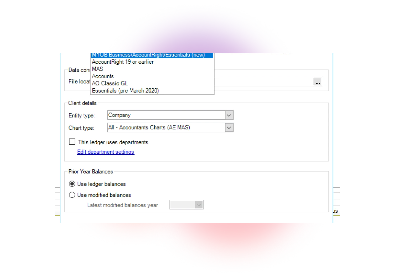 MYOB Accountants Enterprise interface for creating ledgers to share with clients