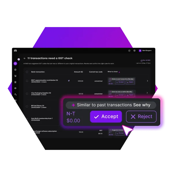 Dark-themed accounting software UI showing GST transaction review screen with Accept and Reject buttons highlighted in purple.