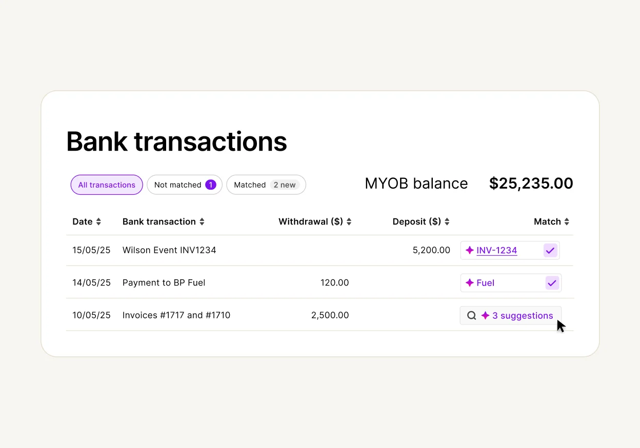 MYOB banking interface showing transaction list with $25,235 balance, including deposits and withdrawals from mid-May.