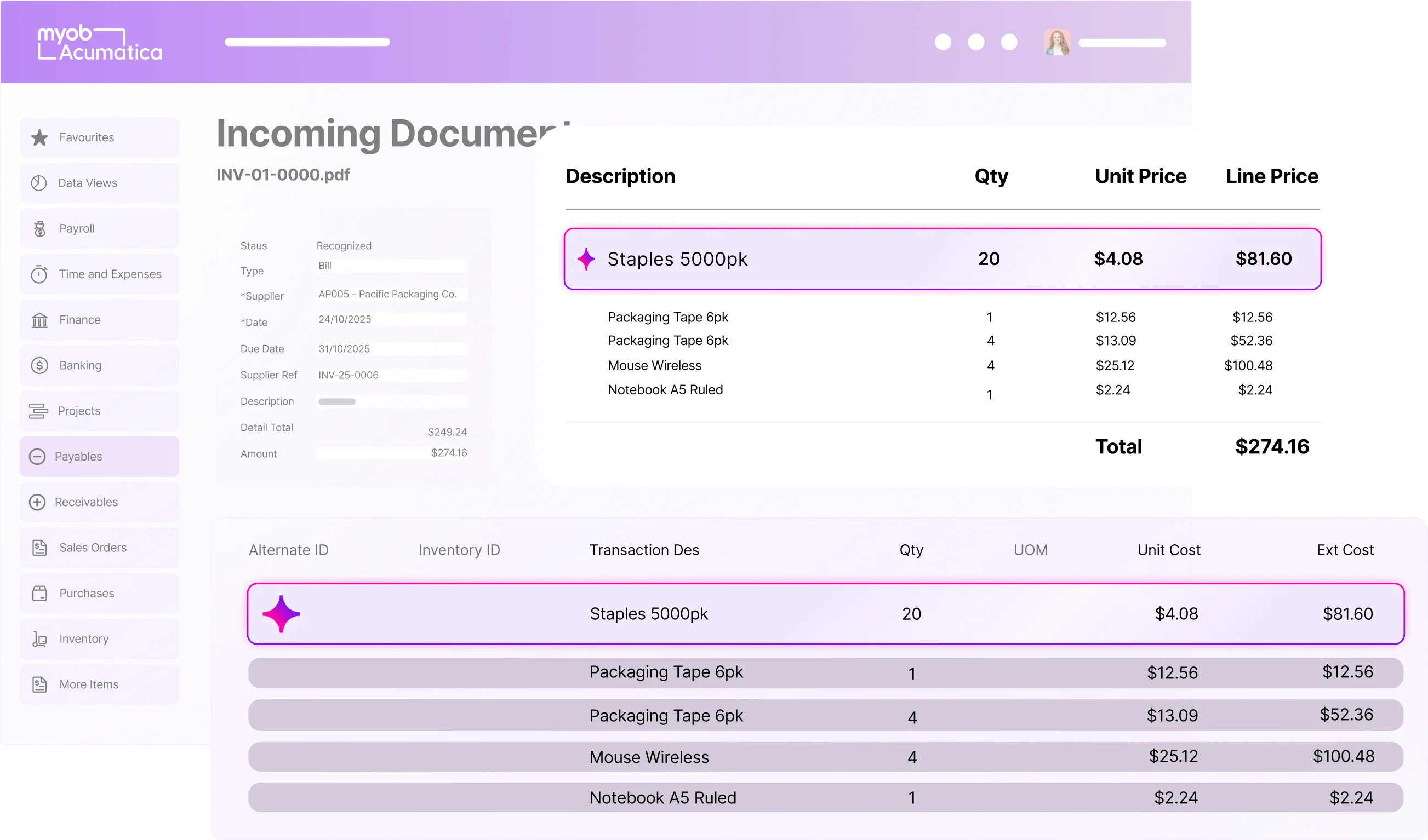 MYOB Acumatica dashboard showing an incoming document invoice with itemised products, quantities, unit prices, and a total of $274.16.