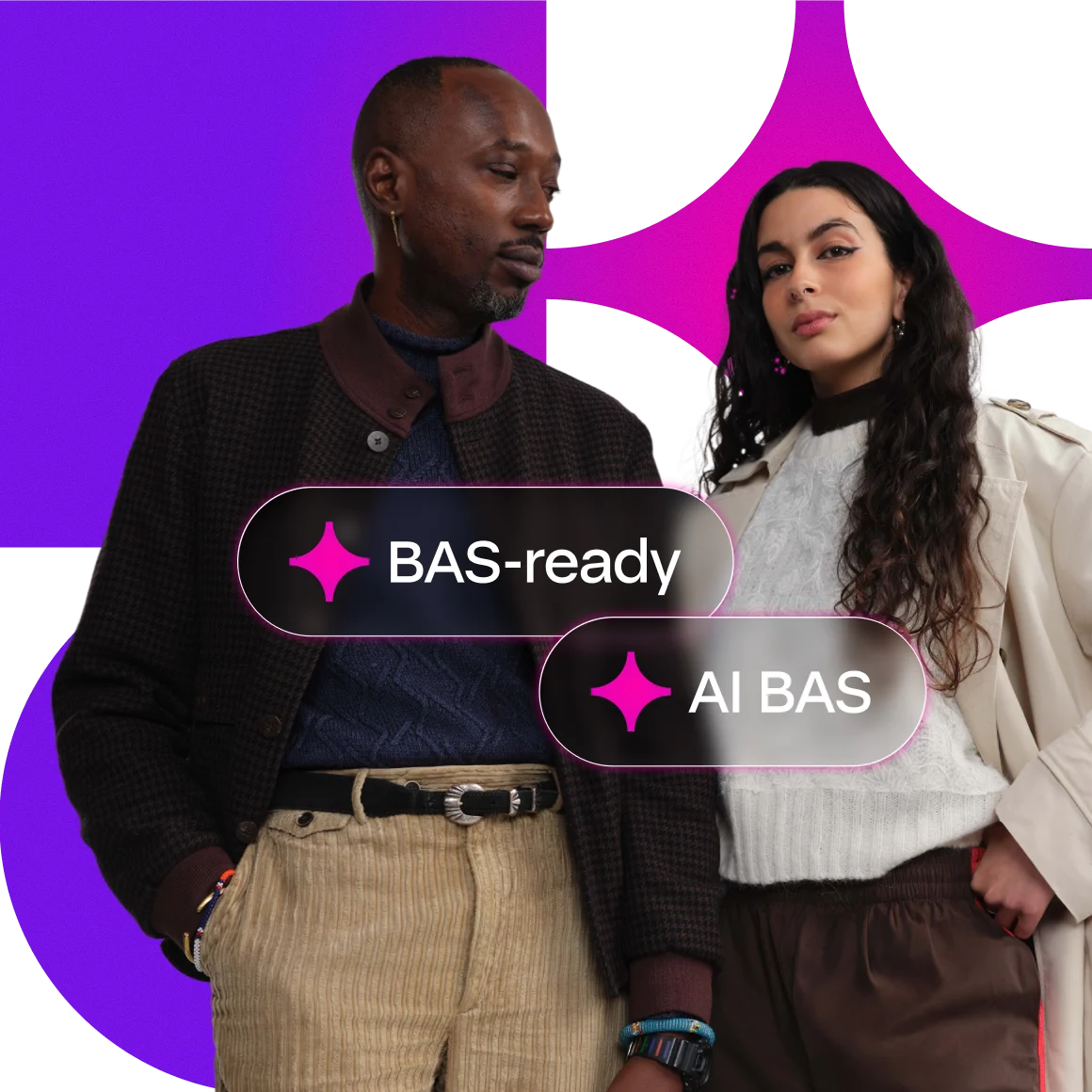 Two stylishly dressed people posed against a purple and white background with BAS-ready and AI BAS text overlays.