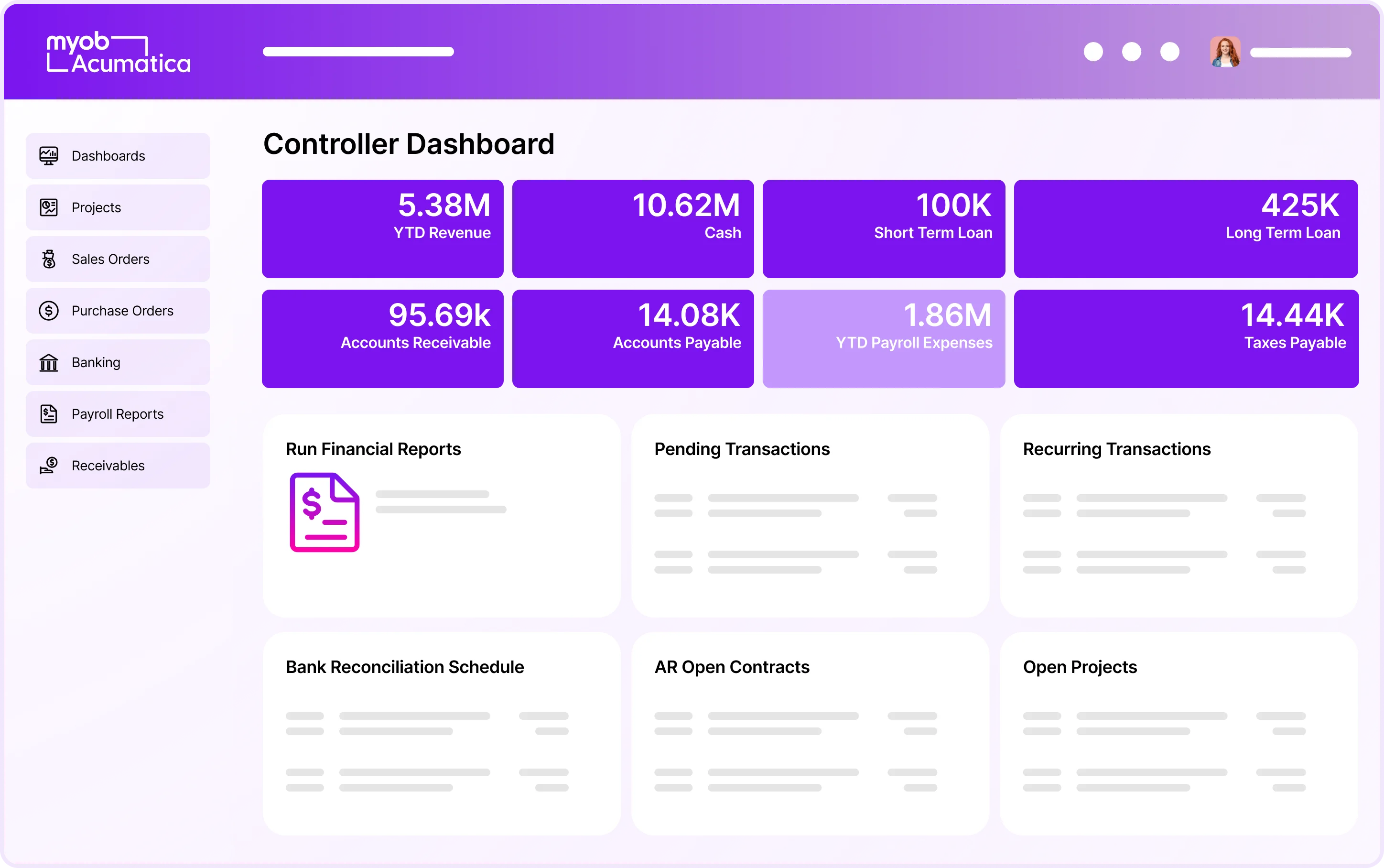 MYOB Acumatica Controller Dashboard showing financial metrics including revenue, cash flow, and accounts with purple data cards.