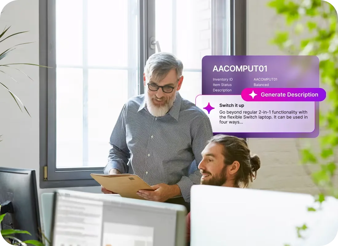 Two colleagues in an office reviewing inventory data, with a purple UI overlay showing an AI-generated product description feature.