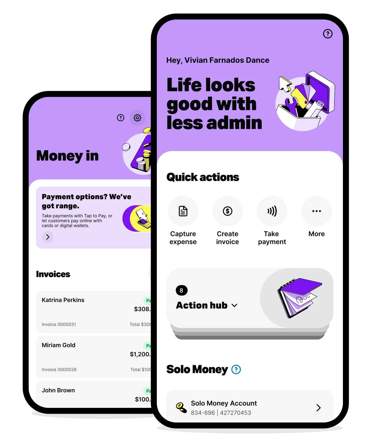 Solo app displayed on two mobile devices, showing buttons to capture expenses, send invoices, take payments, and the Solo Money bank balance.