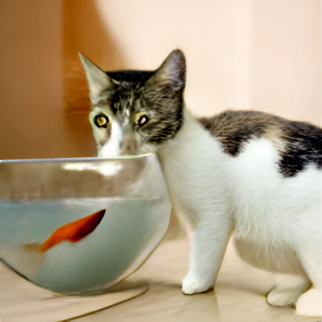 A photo of a cat looking at a fish swimming in a bowl, DALL-E Mini