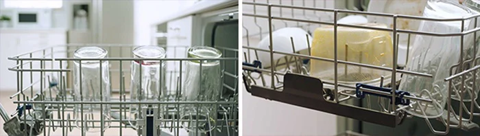 Loading glass dishware and dirty plastic containers in top rack of dishwasher