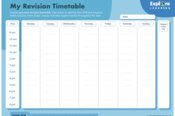 a downloadable revision planner with times down the left hand side and days of the week across the top.