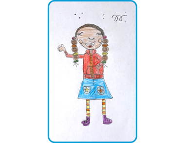 A pencil drawing featuring a young black girl with pig tails that have a range of colourful hair bands in them.  She is wearing a red zip-up hoody, denim skirt with two pockets with multicoloured starts on them and red and yellow striped tights.