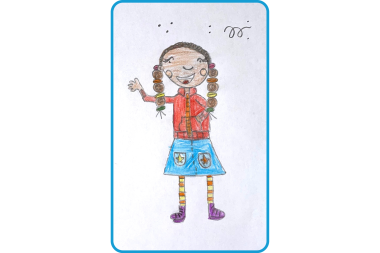 A pencil drawing featuring a young black girl with pig tails that have a range of colourful hair bands in them.  She is wearing a red zip-up hoody, denim skirt with two pockets with multicoloured starts on them and red and yellow striped tights. 