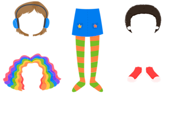 A selection of rewards available for free in Explore Learning's character studio. Including; ear defenders, a sunflower bade, rainbow hair, red shoes, a denim skirt with stripy orange and green tights and dark afro hair.