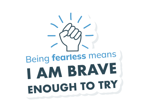 An icon of a fist pump with the caption 'Being fearless means I am brave enough to try'. 