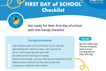 Shows an example of a first day of school checklist, which is available as a pdf downloadable. 