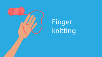 This is a illustrative element. It features a cartoon hand with a strand of red wool wrapped around its fingers to demonstrate how hand knitting is done.  The illustration sits on a bright blue background and it features the words 'finger knitting' in white text. 