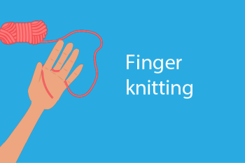 This is a illustrative element. It features a cartoon hand with a strand of red wool wrapped around its fingers to demonstrate how hand knitting is done.  The illustration sits on a bright blue background and it features the words 'finger knitting' in white text. 
