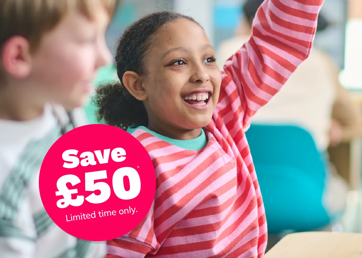 Girl in Explore Learning centre with "Save £50" promo badge