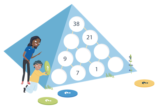illustration of an Explore Learning tutor with a child working out a practical maths problem.