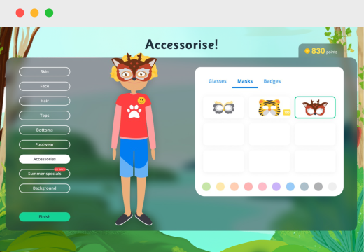 A character selection screen where a user can choose between a selection of animal masks for their character.