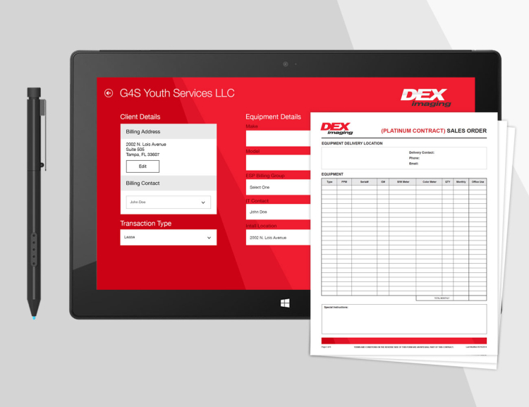 Dex Imaging order form webpage on tablet device with stylus
