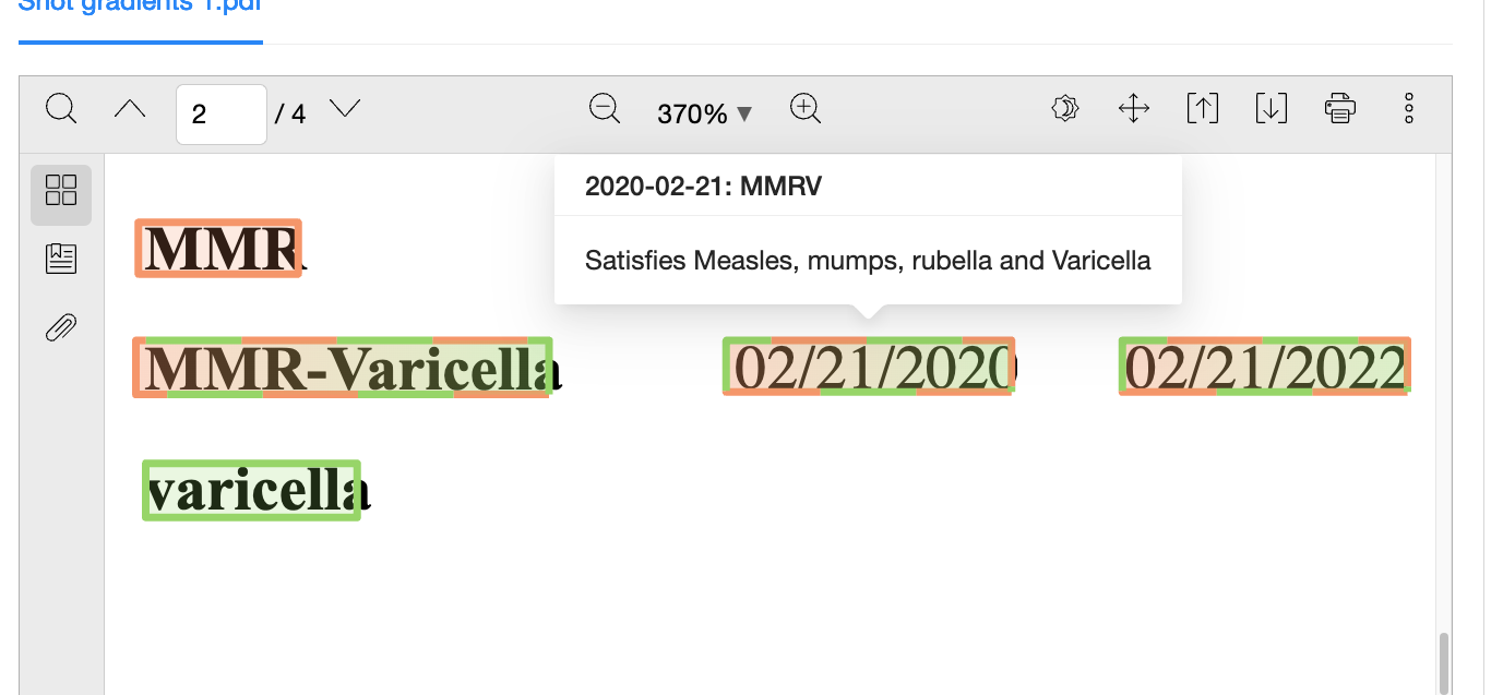 The system correctly recognizes "MMR-Varicella" as the combination of the two (CVX 94). A color gradient is used to indicate the multiple constituent vaccines.