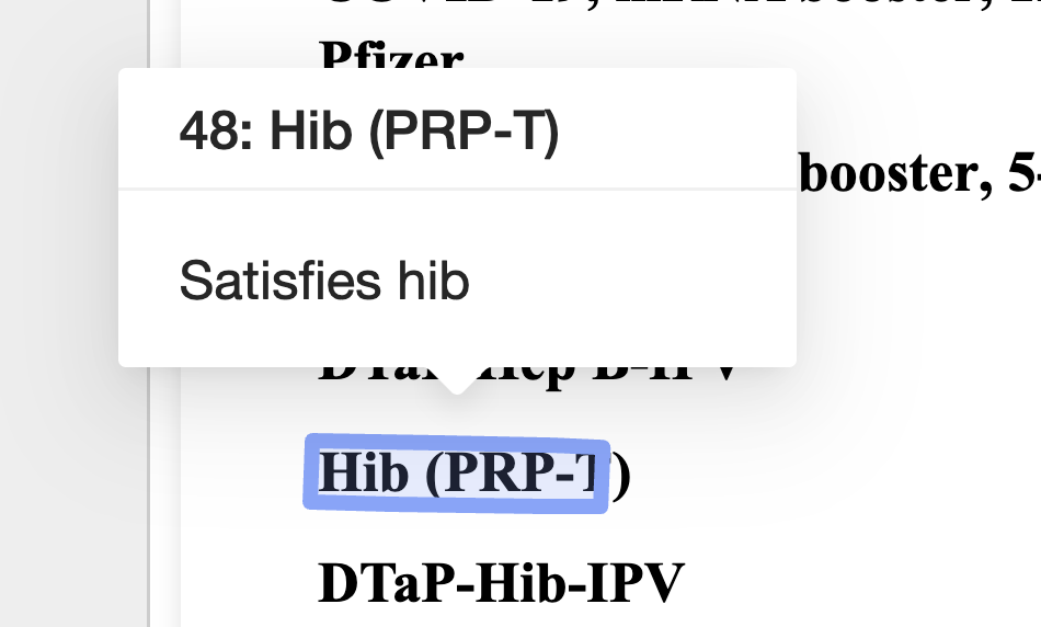 The system recognizes the complete term "Hib (PRP-T)" as distinct from simple Hib and assigns the correct shot type (CVX 48)