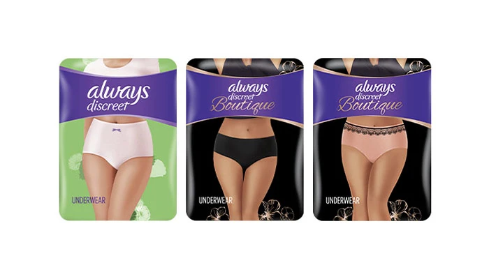 Three product packs. Each pack features the lower body of a woman and a different colored pair of discreet underwear.