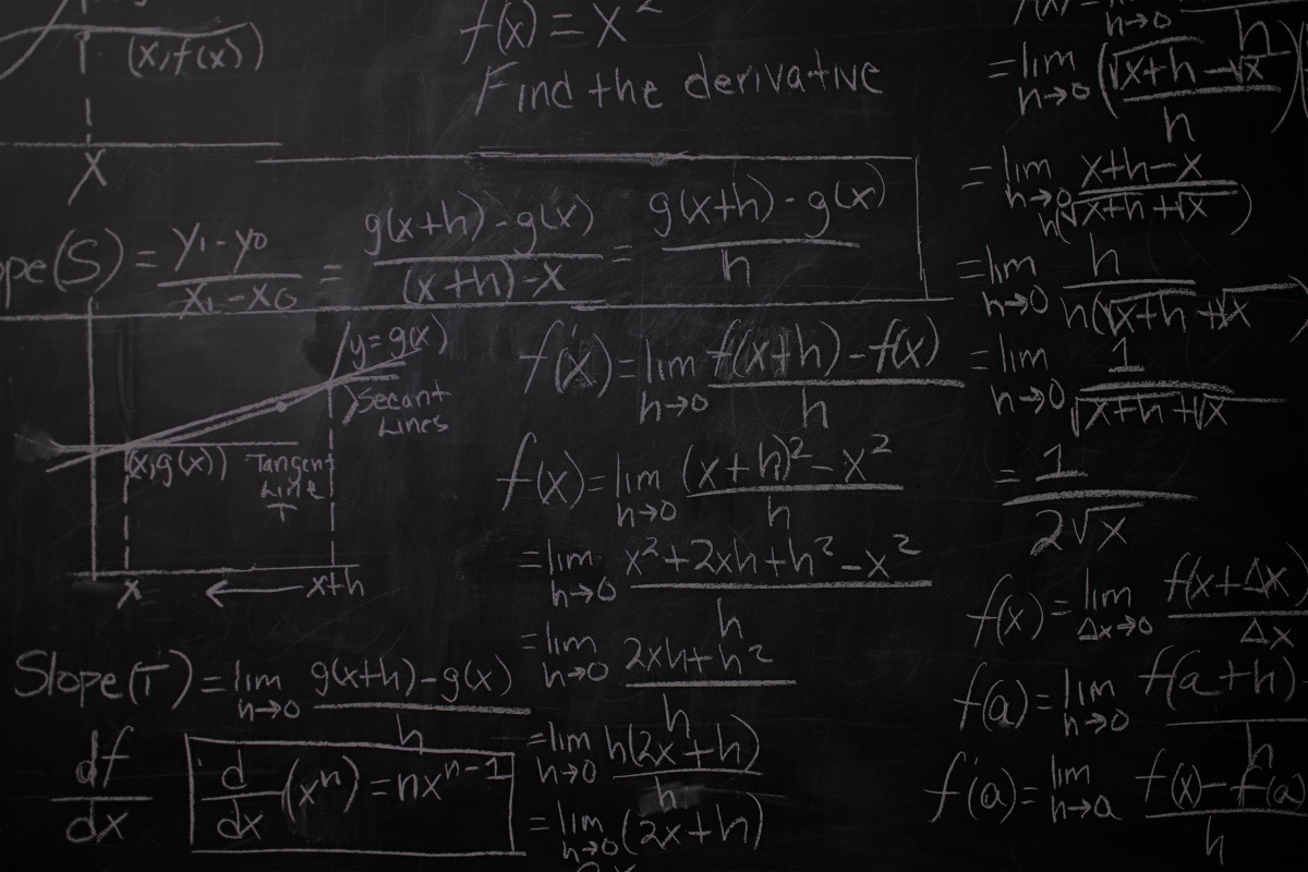 Chalkboard covered with mathematical equations