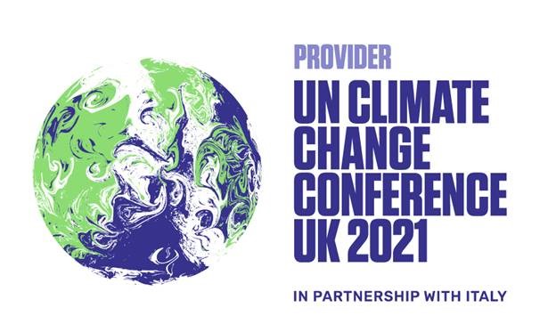 Globe with the words "Provider UN Climate Change Conference UK 2021 - In partnership with Italy"