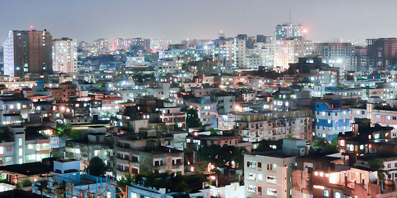 Aerial view of the city of Dhaka, Bangladesh at twilight
