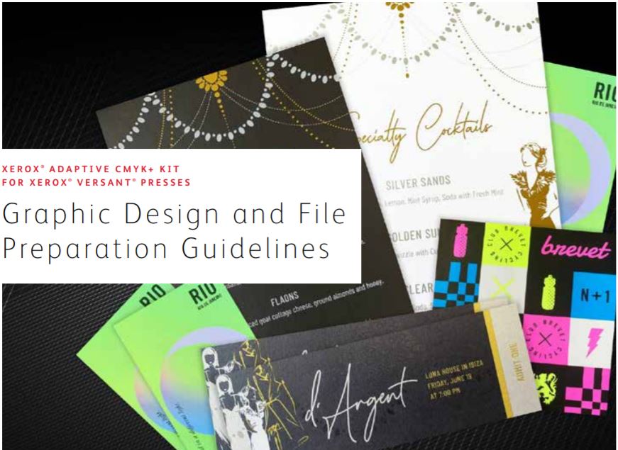 An image with Xerox Versant print samples and the text "Graphic Design and File Preparation Guidelines"
