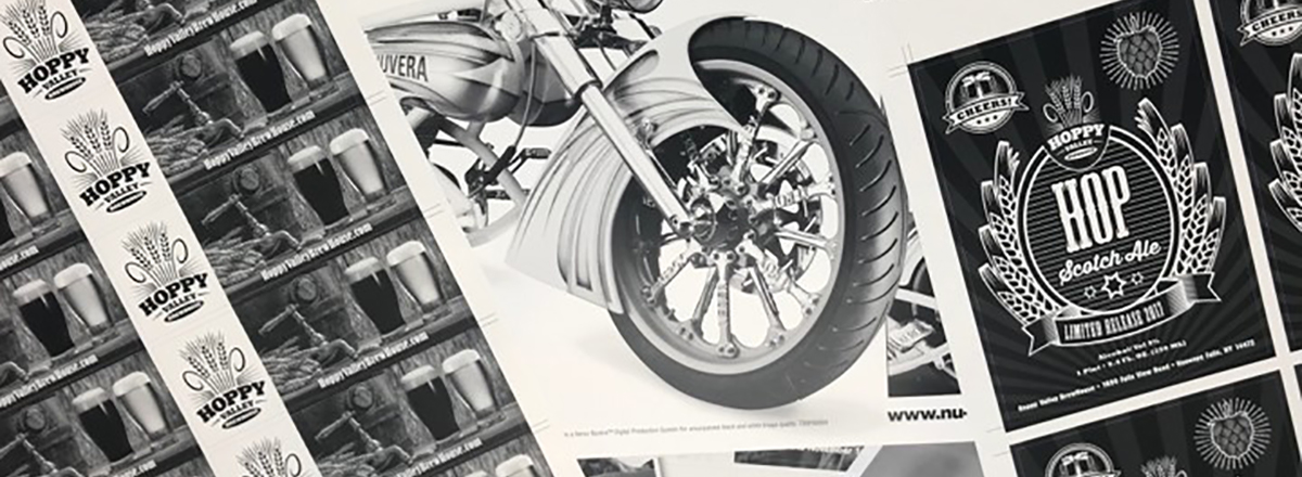 Black and white print samples featuring a motorcycle