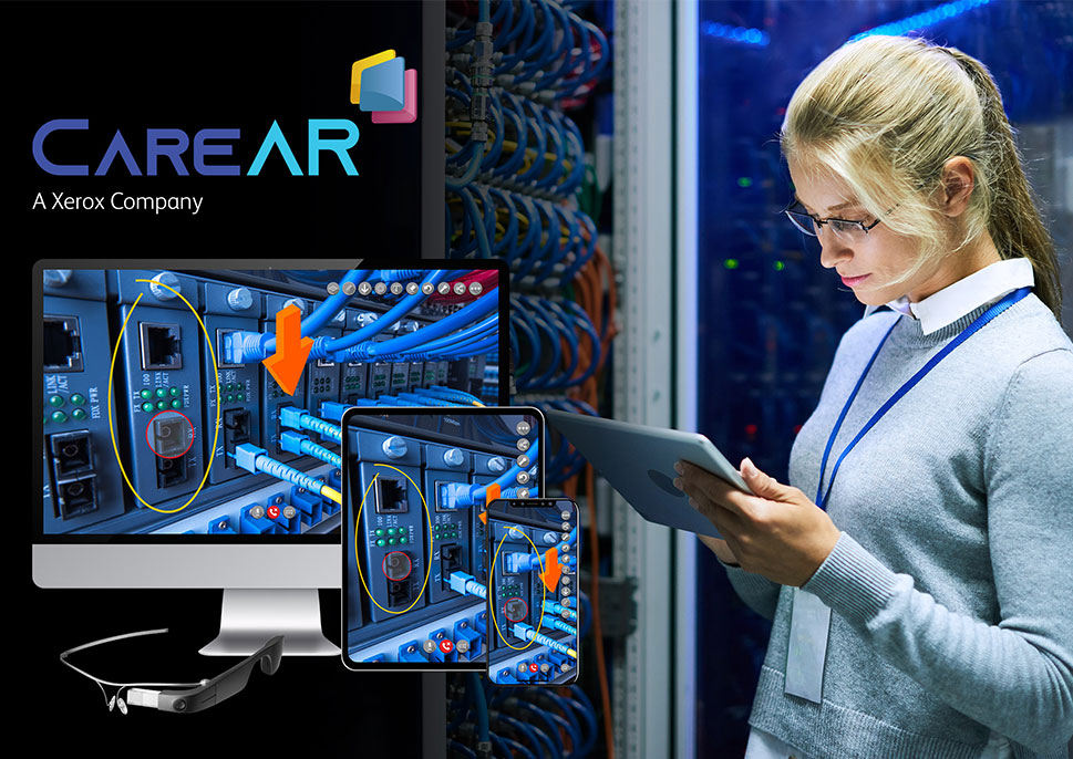 A woman looking at a tablet in a server room, overlaid with the "CareAR - A Xerox Company" logo
