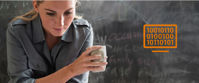 Woman with coffee cup reading, in front of a chalk board, overlaid with an icon of a monitor with binary code