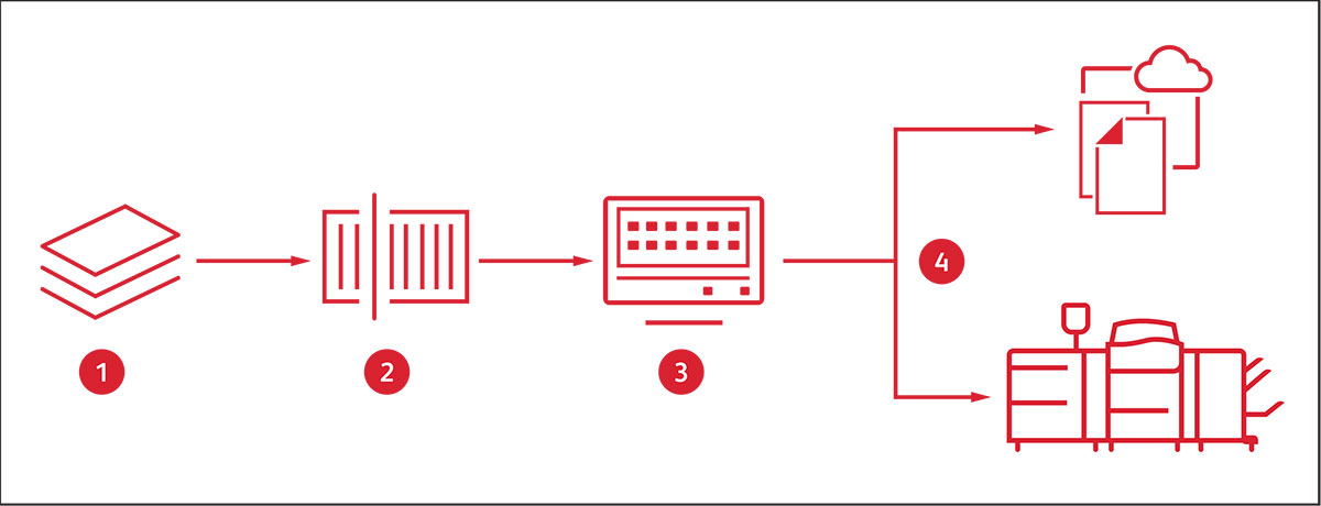 Flowchart with 4 steps showing input, scanning, FreeFlow Makeready software, and digital distribution and production printing