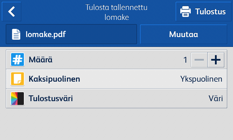 Print interface of the Xerox Forms Manager App