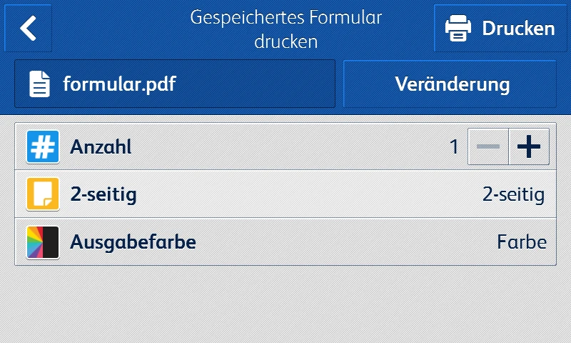 Print interface of the Xerox Forms Manager App