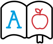 Icon of a book with the letter A on the first page and an apple on the second page