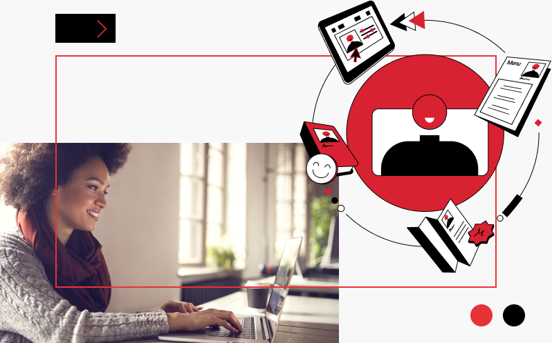 Woman typing on a laptop, overlaid with icons representing different types of print and digital media