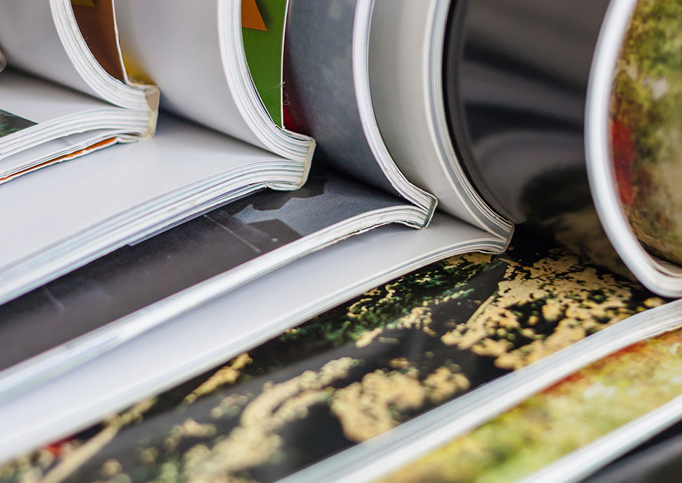 A row of bound booklets with colorful pages