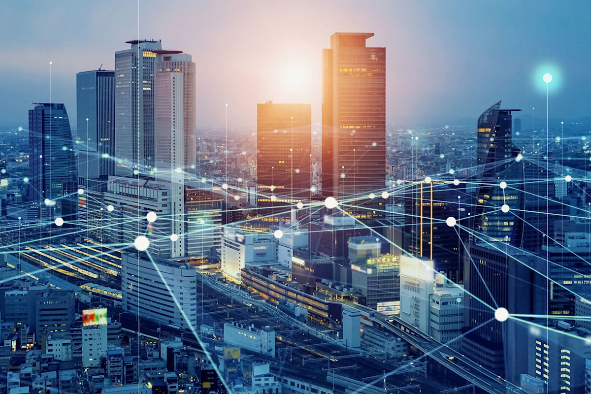 city buildings in night showing network links