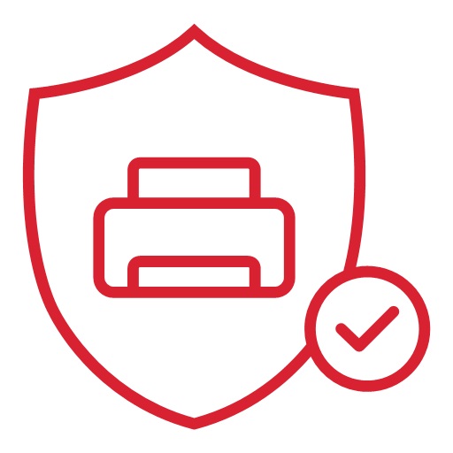 Line drawing of a printer inside of a shield, with a checkmark next to it