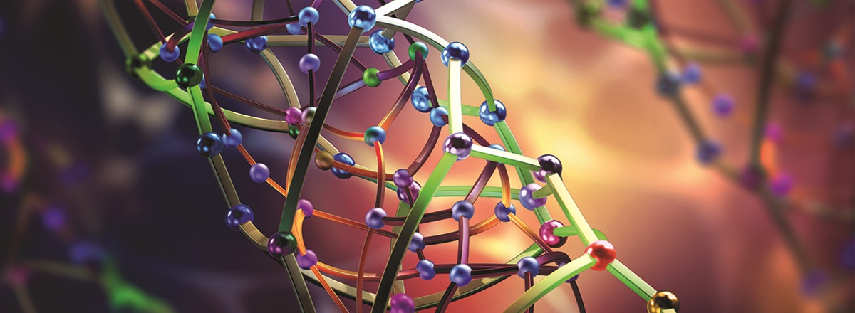 Interconnected colorful dots representing a diagram of an atom