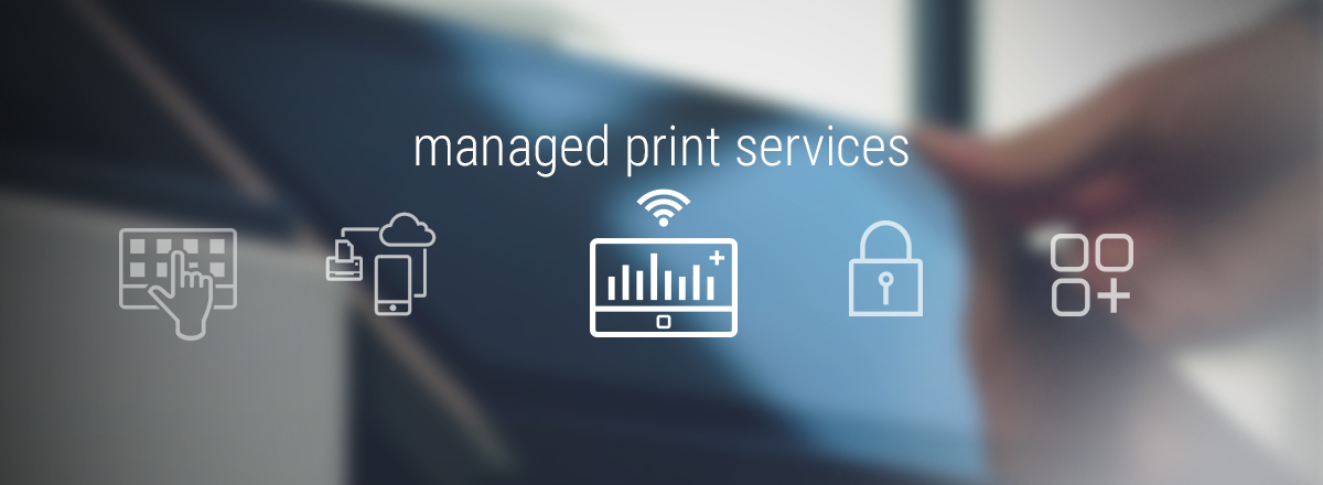 Icon of a dashboard with a wifi signal, with the words "managed print services"