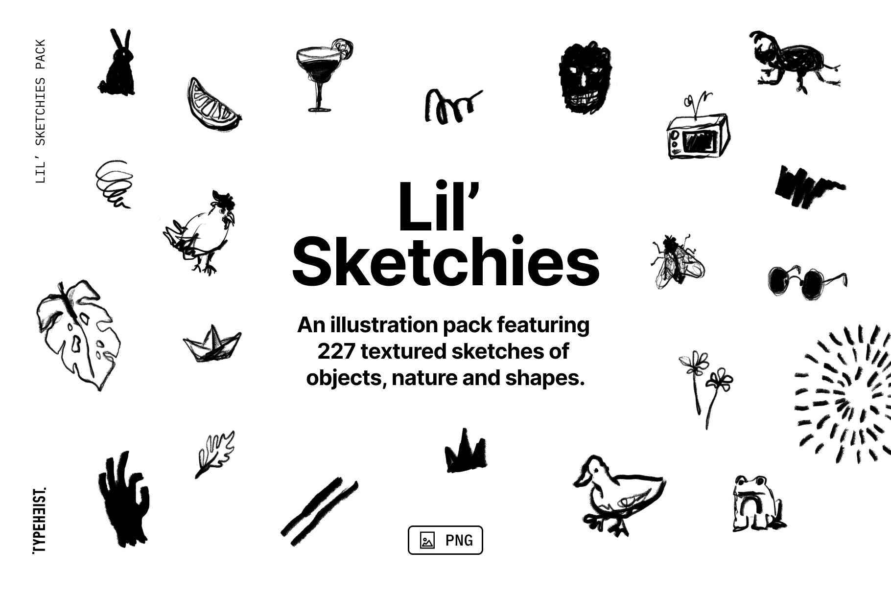 Lil’ Sketchies: Lil' Sketchies is an illustration pack featuring  227 textured sketches of  objects, nature and shapes.