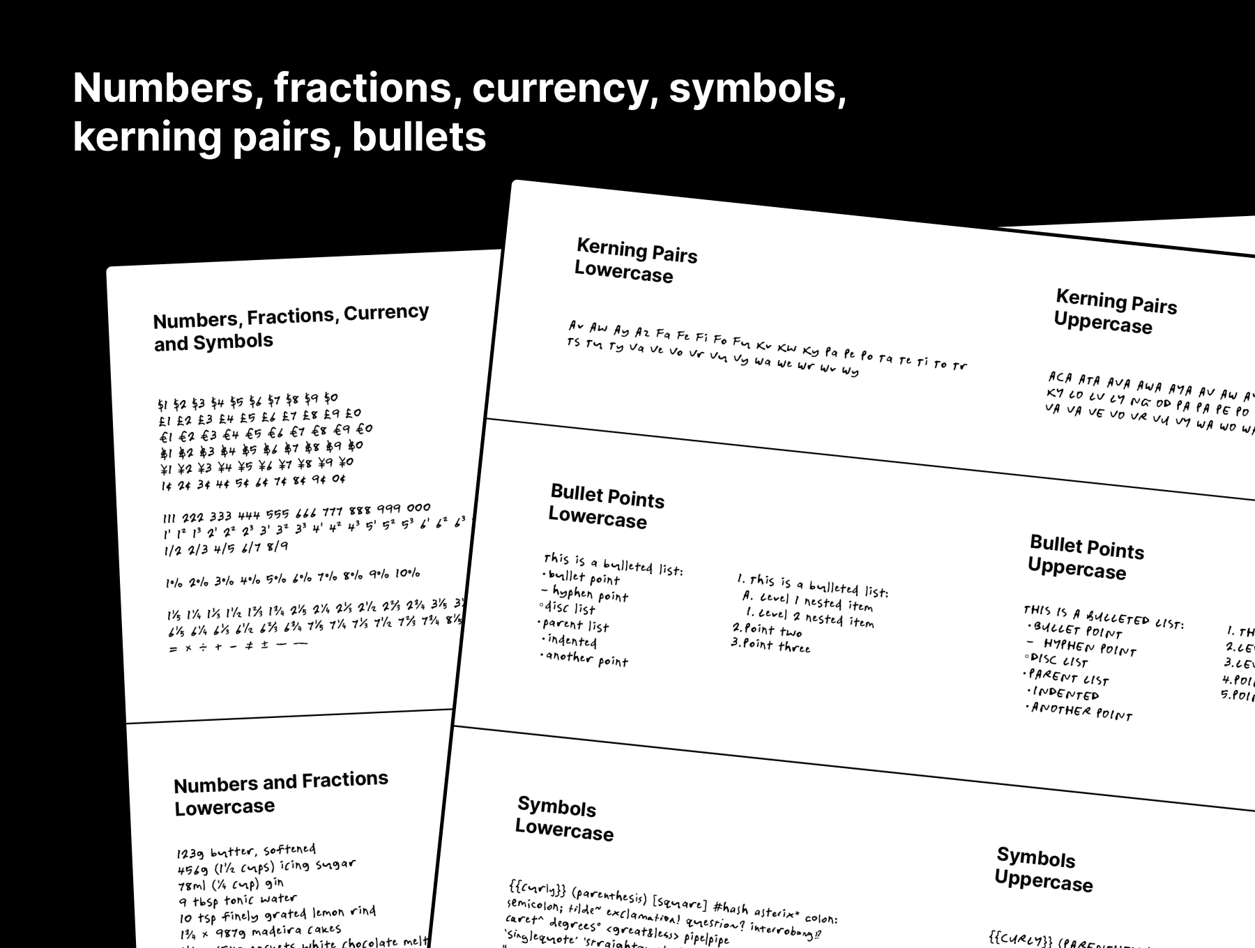 Type Testing Template: Numbers, fractions, currency, symbols, kerning pairs, bullets