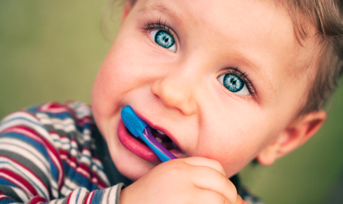 Baby playing with first tooth brush