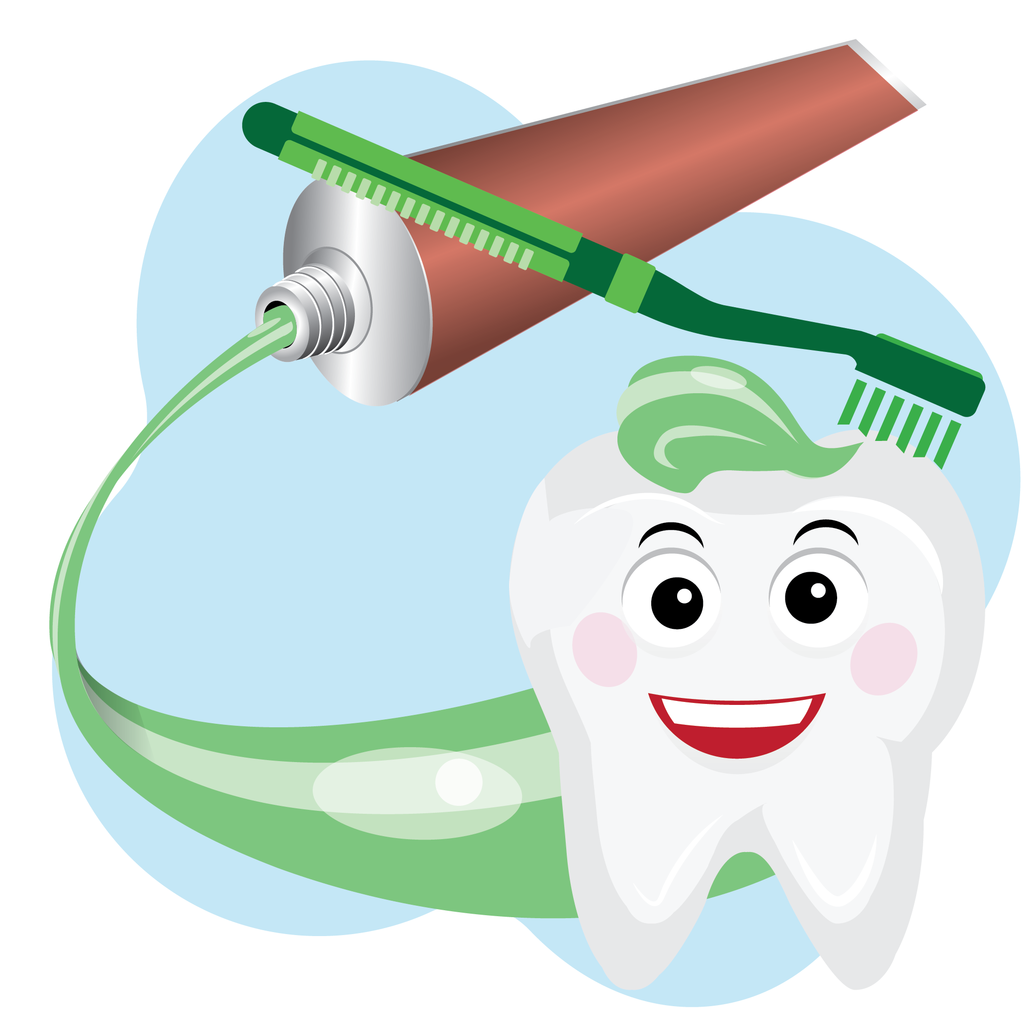 Illustration of tooth smiling while being brushed by toothbrush and surrounded by toothpaste