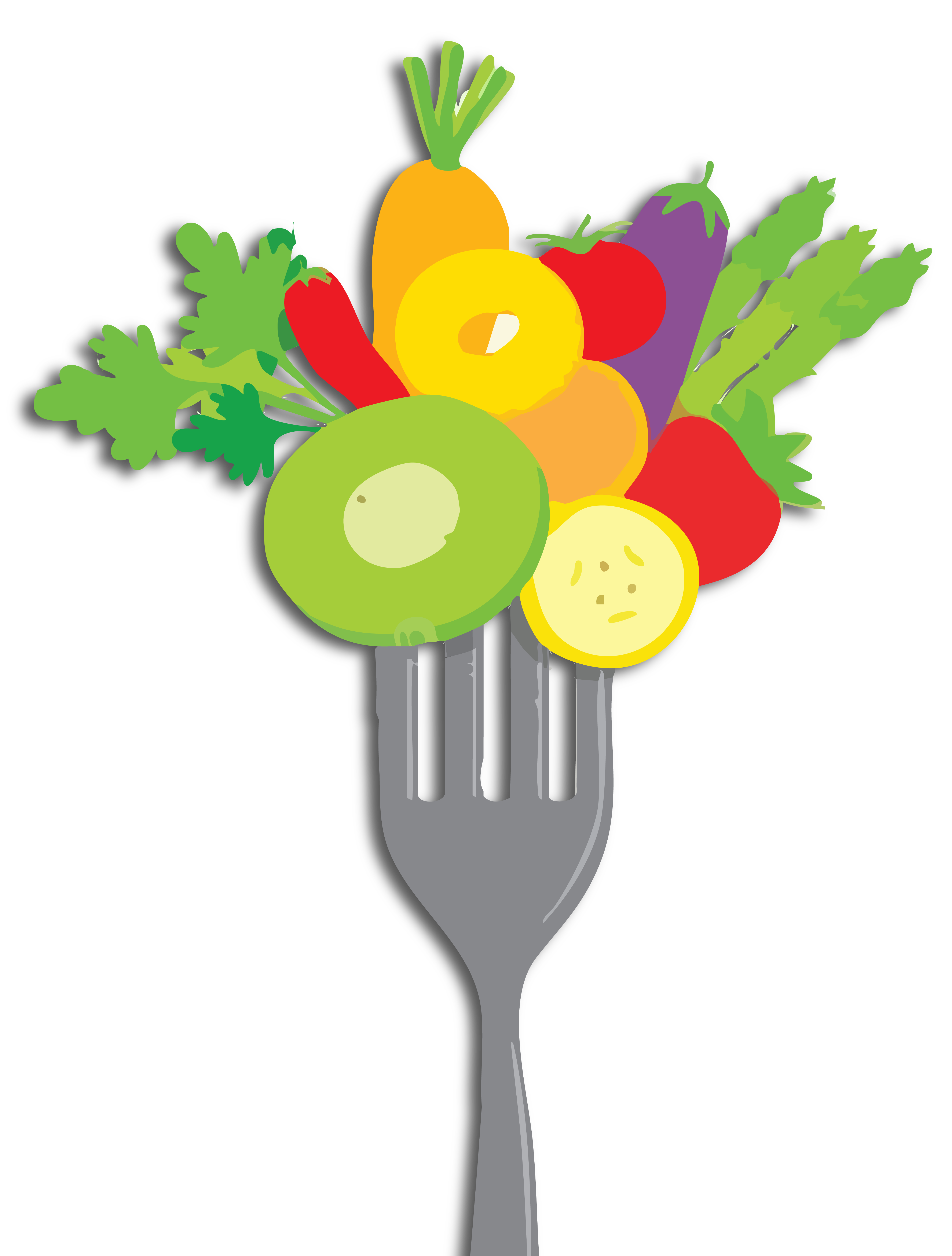 Illustration of a fork filled with fruits and vegetables to indicate a healthy, well-balanced diet.