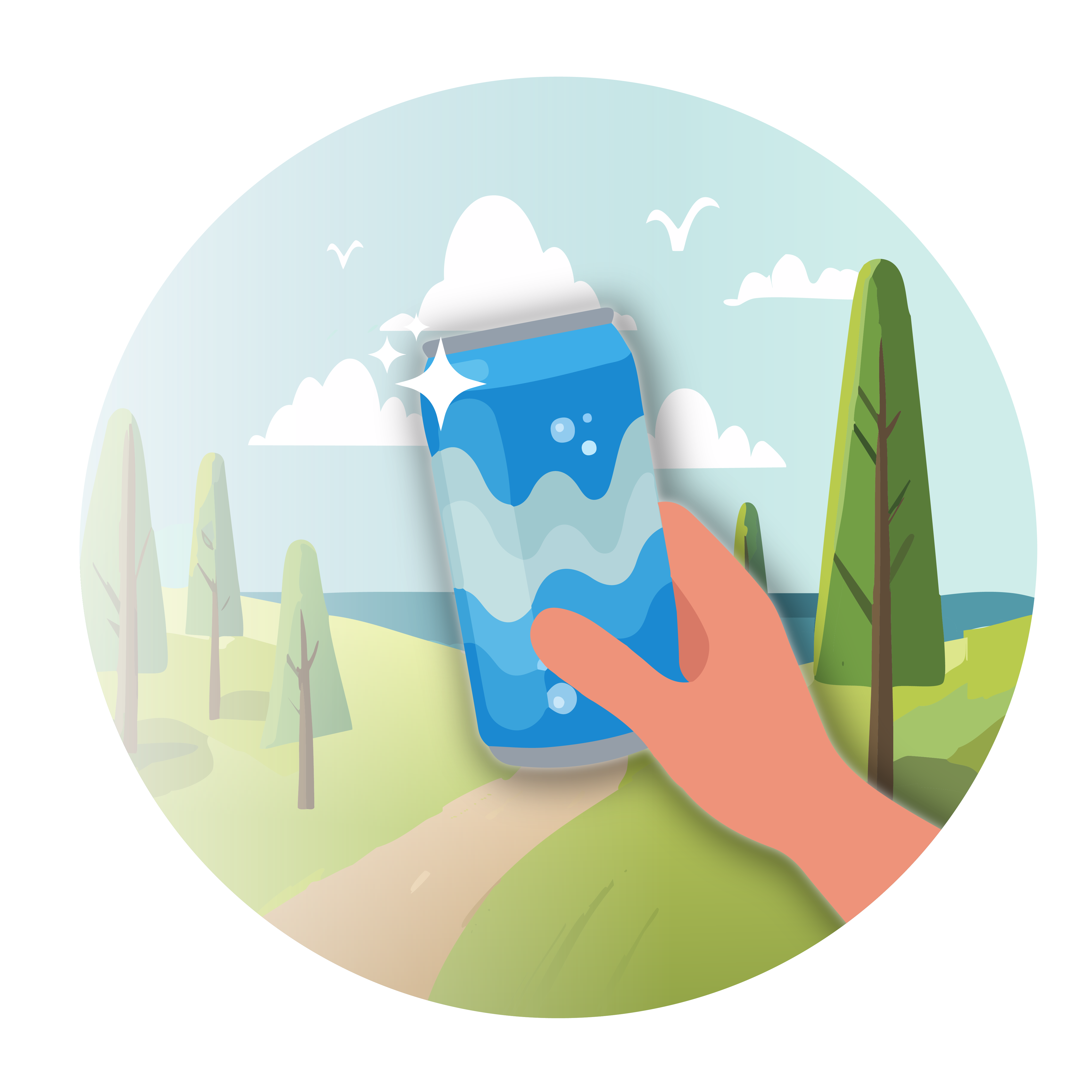Illustration of a scenic background with a hand holding a can of sparkling water in the foreground .