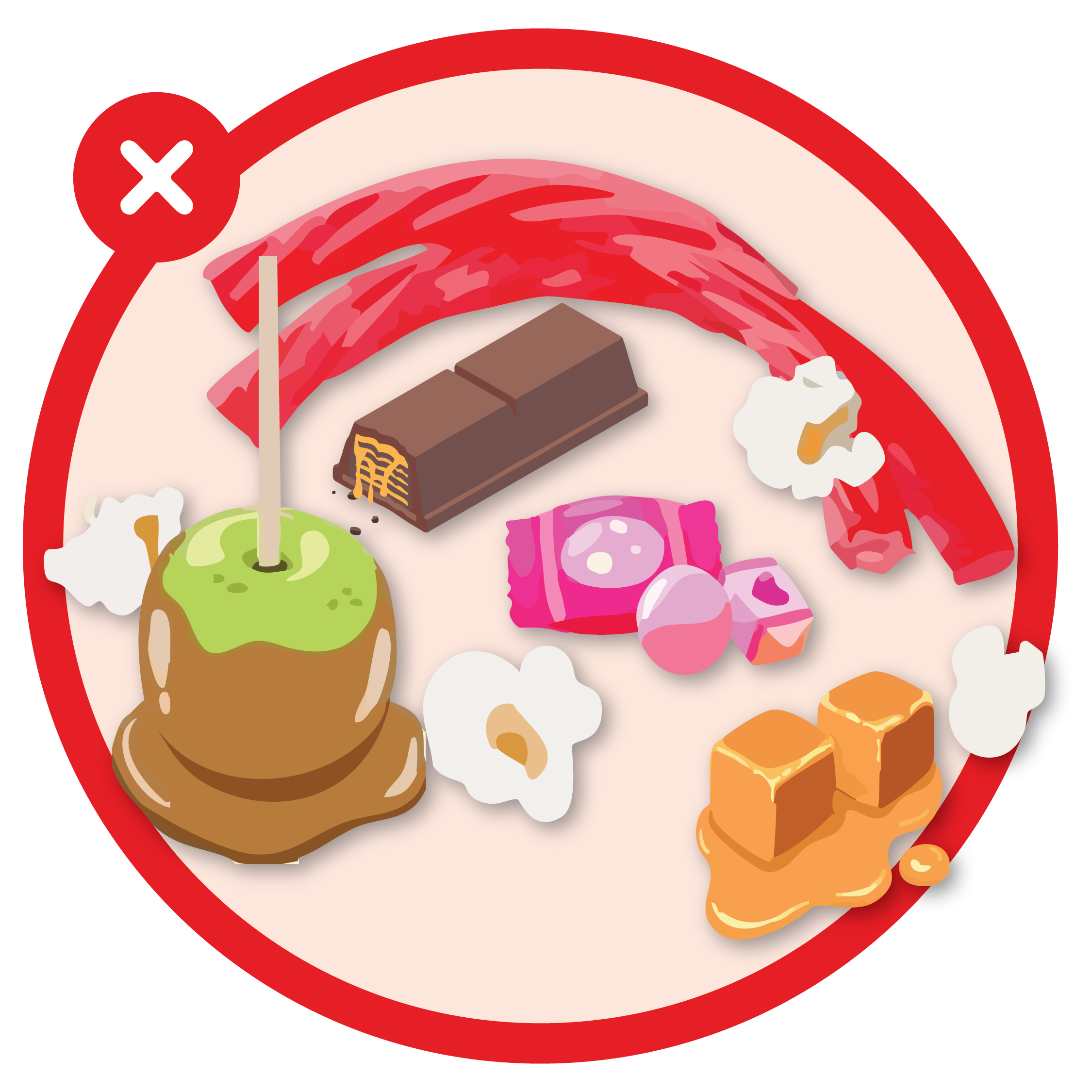 Illustration of some of the worst kinds of Halloween candy and foods for your braces such as a caramal apple, licorice, jaw breakers, etc. There is a red circle with an "X" around the selection to show you should steer clear.