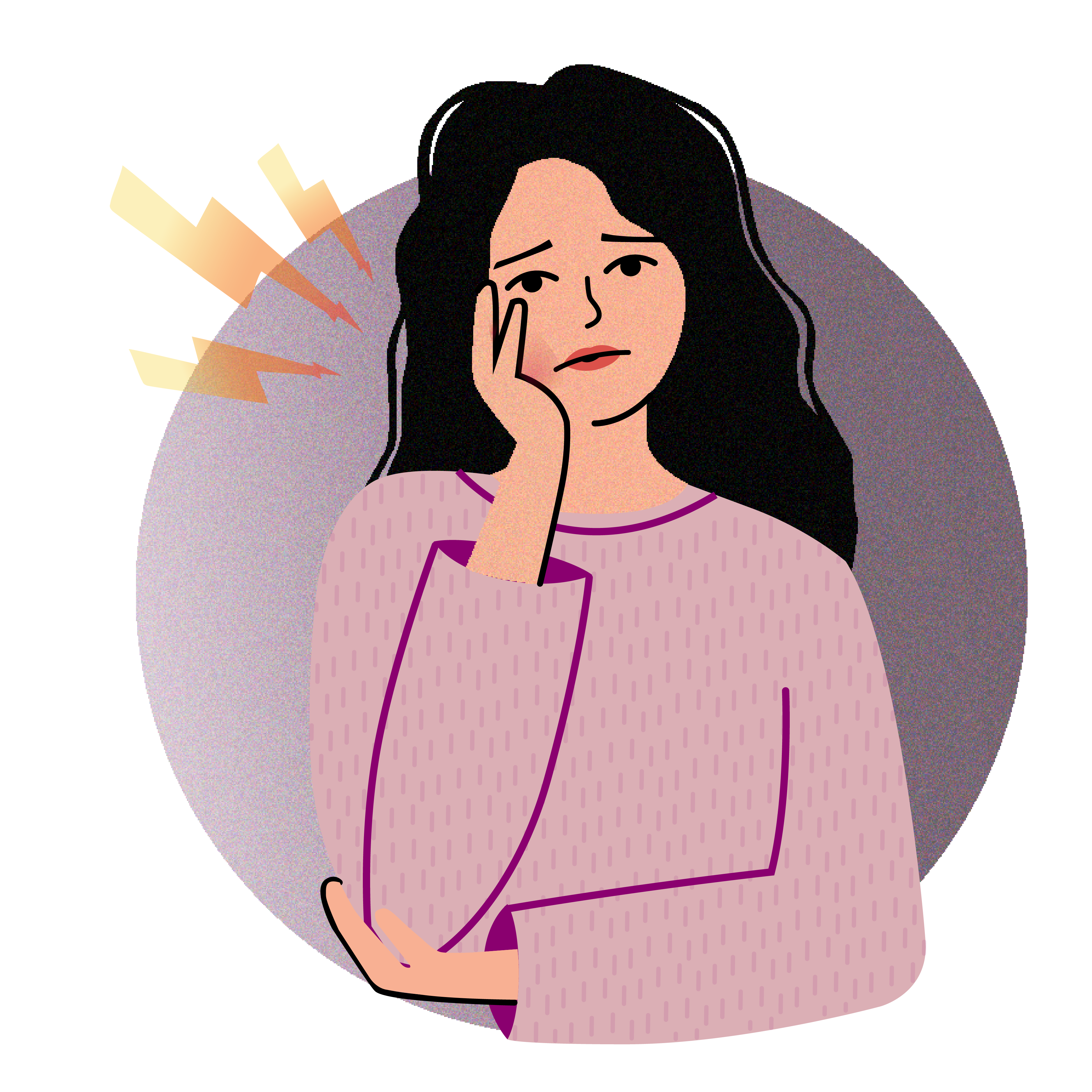 Illustration of a woman holding her cheek with lightening strikes as signs of tooth pain 